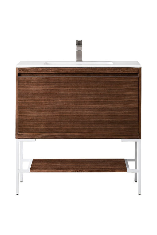 James Martin Furniture - Milan 35.4" Single Vanity Cabinet, Mid Century Walnut, Glossy White w-Glossy White Composite Top - 801V35.4WLTGWGW - GreatFurnitureDeal