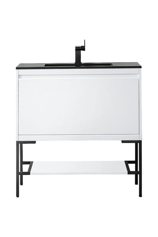 James Martin Furniture - Milan 35.4" Single Vanity Cabinet, Glossy White, Matte Black w-Charcoal Black Composite Top - 801V35.4GWMBKCHB - GreatFurnitureDeal