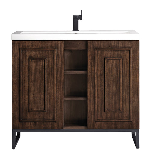 James Martin Furniture - Alicante' 39.5" Single Vanity Cabinet, Mid Century Acacia, Matte Black w/White Glossy Composite Countertop - E110V39.5MCAMBKWG - GreatFurnitureDeal