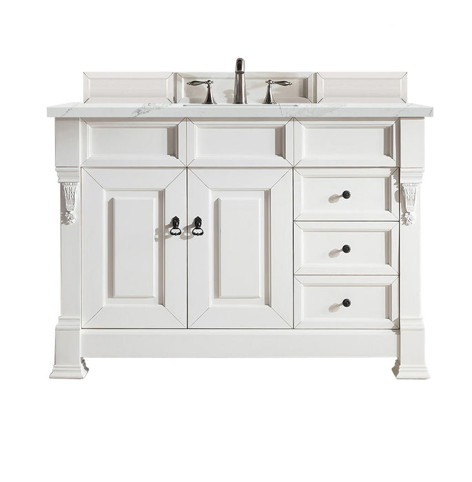 James Martin Furniture - Brookfield 48" Bright White Single Vanity  w/ 3 CM Ethereal Noctis Quartz Top - 147-V48-BW-3ENC - GreatFurnitureDeal