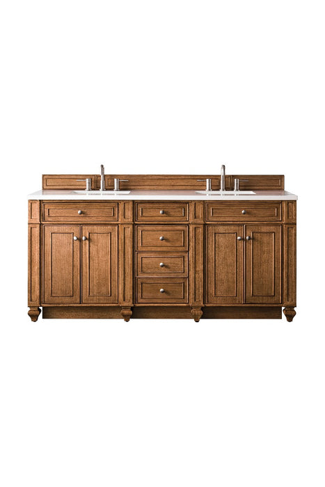 James Martin Furniture - Bristol 72" Double Vanity, Saddle Brown, w- 3 CM Classic White Quartz Top - 157-V72-SBR-3CLW - GreatFurnitureDeal