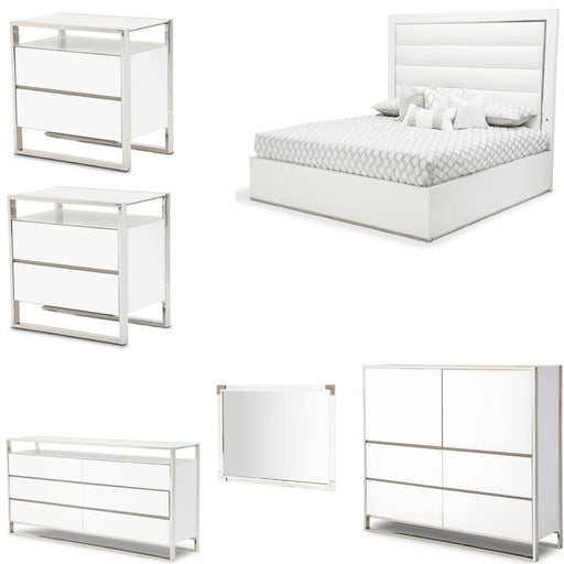 AICO Furniture - State St. 6 Piece Eastern King Upholstered Panel Bedroom Set in Glossy White - N9016000EKP-116-6SET - GreatFurnitureDeal