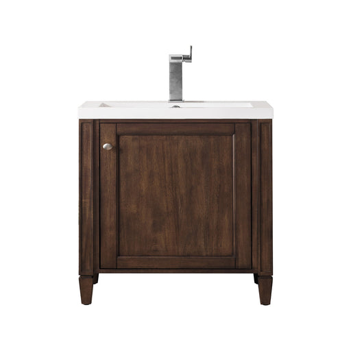 James Martin Furniture - Britannia 24" Single Vanity Cabinet, Mid Century Acacia w/ White Glossy Composite Countertop - E652V24MCAWG - GreatFurnitureDeal