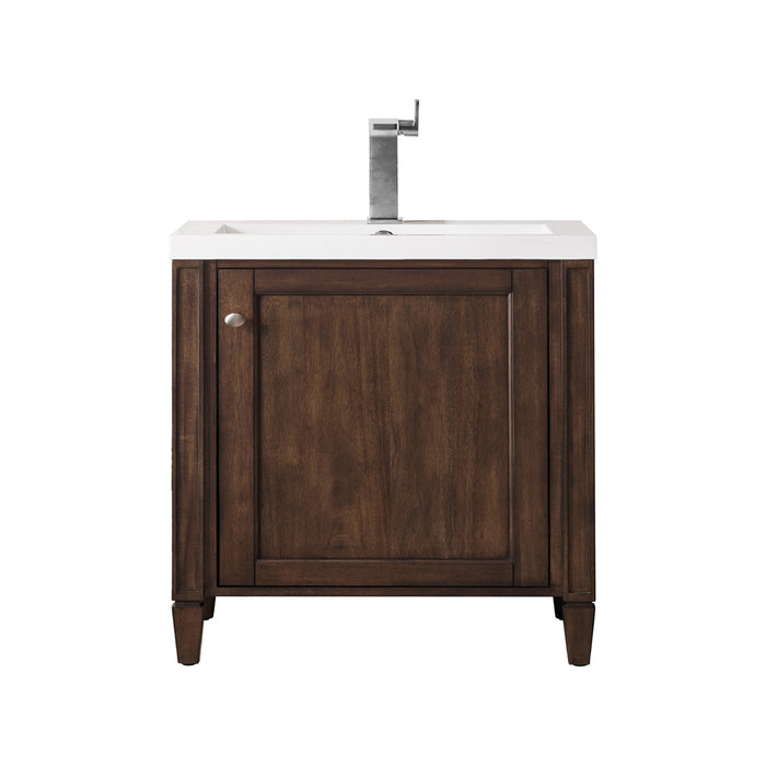 James Martin Furniture - Britannia 24" Single Vanity Cabinet, Mid Century Acacia w/ White Glossy Composite Countertop - E652V24MCAWG - GreatFurnitureDeal