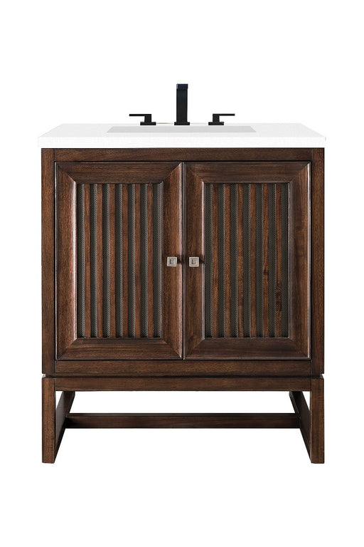 James Martin Furniture - Athens 30" Single Vanity Cabinet, Mid Century Acacia, w- 3 CM Classic White Quartz Top - E645-V30-MCA-3CLW - GreatFurnitureDeal