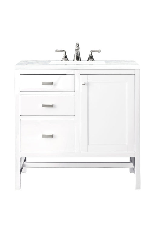 James Martin Furniture - Addison 36" Single Vanity Cabinet, Glossy White, w- 3 CM Arctic Fall Solid Surface Countertop - E444-V36-GW-3AF - GreatFurnitureDeal