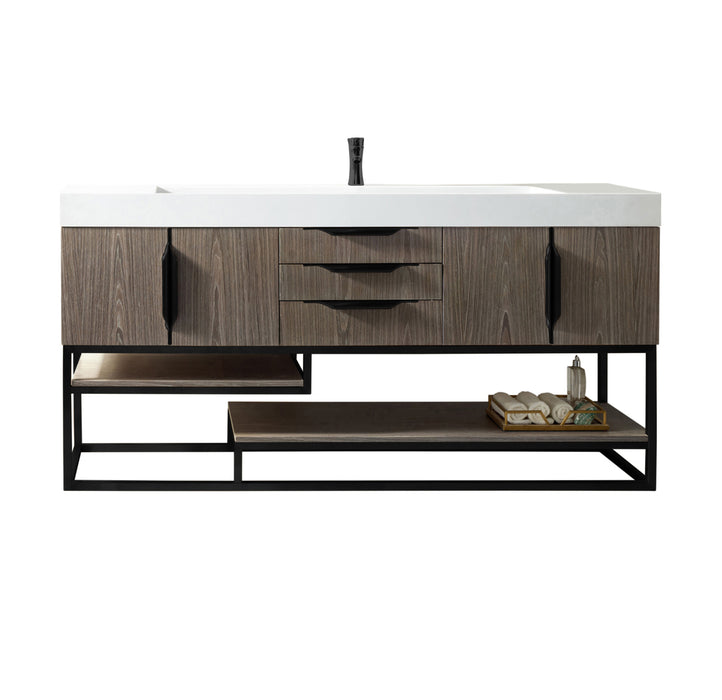 James Martin Furniture - Columbia 72" Single Vanity, Ash Gray, Matte Black w/ Glossy White Composite Top - 388-V72S-AGR-MB-GW