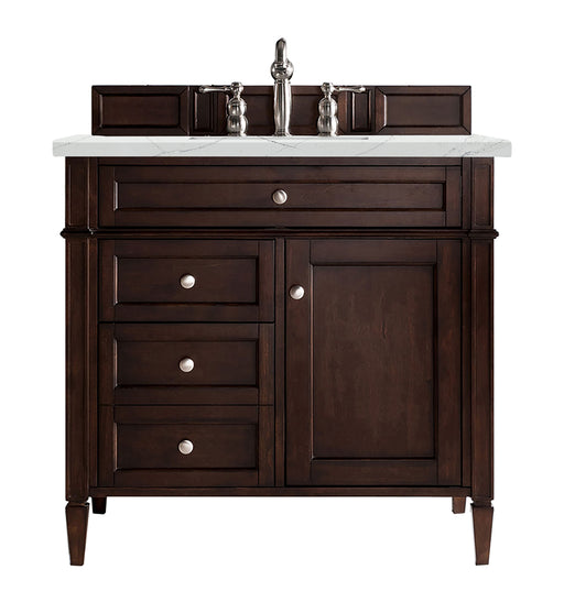 James Martin Furniture - Brittany 36" Burnished Mahogany Single Vanity w/ 3 CM Ethereal Noctis Quartz Top - 650-V36-BNM-3ENC - GreatFurnitureDeal