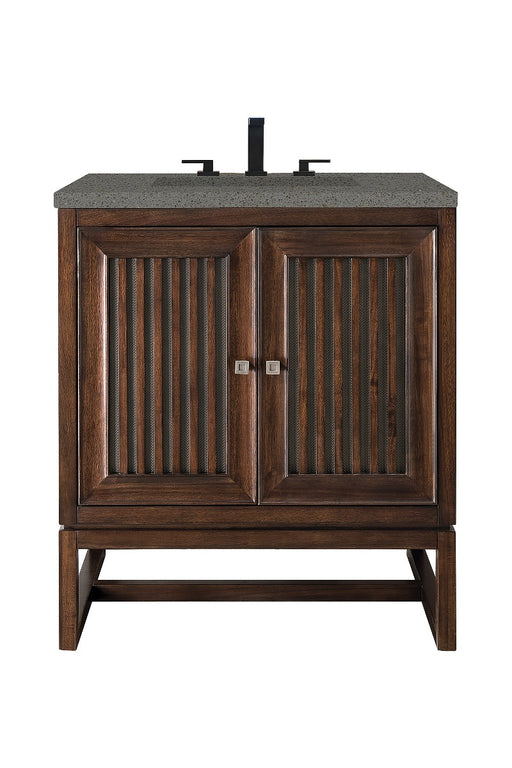 James Martin Furniture - Athens 30" Single Vanity Cabinet, Mid Century Acacia, w- 3 CM Grey Expo Quartz Top - E645-V30-MCA-3GEX - GreatFurnitureDeal