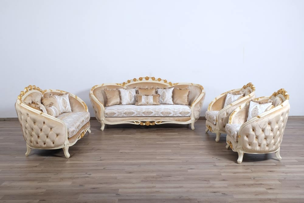 European Furniture - Valentine II 4 Piece Luxury Living Room Set in Beige With Dark Gold Leafs - 45012-SL2C