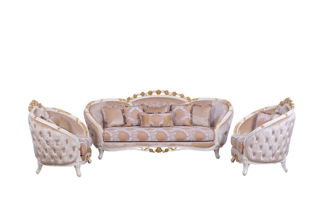 European Furniture - Valentine 3 Piece Luxury Living Room Set in Beige With Dark Gold Leafs - 45010-S2C - GreatFurnitureDeal