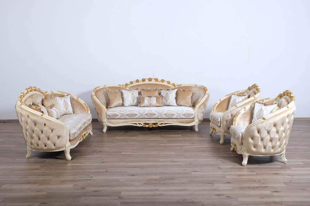 European Furniture - Valentine II Luxury Loveseat in Beige With Dark Gold Leafs - 45012-L - GreatFurnitureDeal