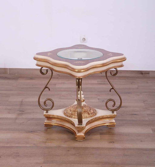 European Furniture - Valentine Luxury End Table in Beige With Dark Gold Leafs - 45010-ET - GreatFurnitureDeal