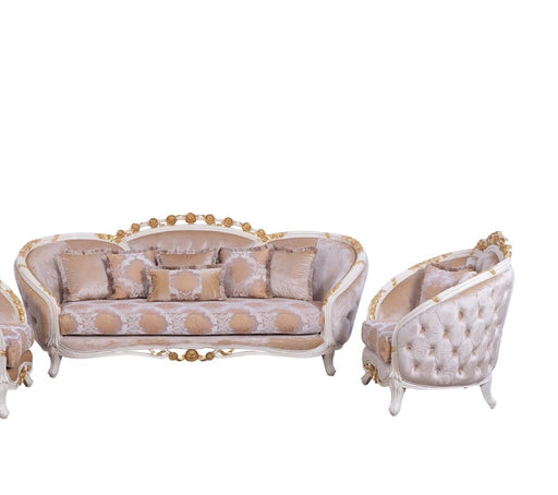 European Furniture - Valentine 2 Piece Luxury Sofa Set in Beige With Dark Gold Leafs - 45010-SC - GreatFurnitureDeal