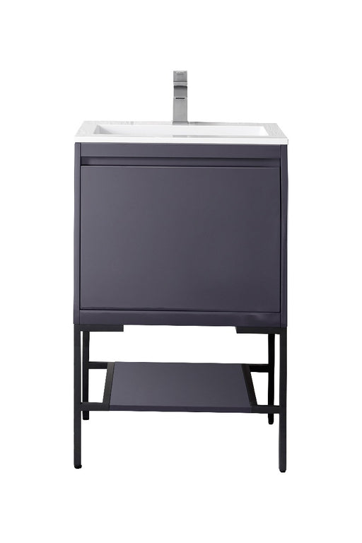 James Martin Furniture - Milan 23.6" Single Vanity Cabinet, Modern Grey Glossy, Matte Black w-Glossy White Composite Top - 801V23.6MGGMBKGW - GreatFurnitureDeal
