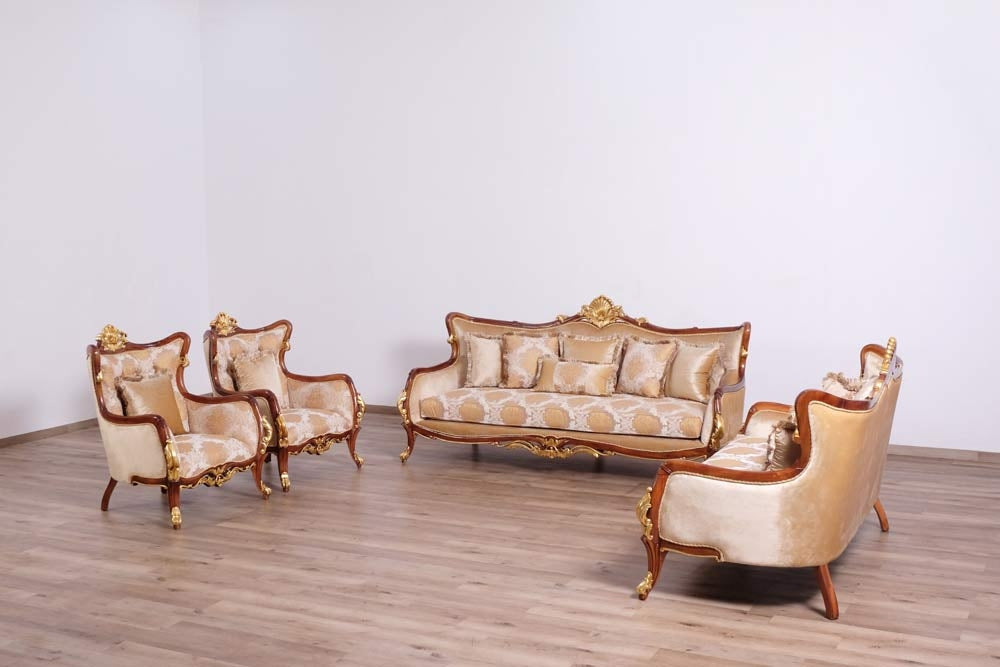 European Furniture - Veronica II 3 Piece Luxury Living Room Set in Antique Walnut and Antique Dark Gold leaf - 47078-S2C - GreatFurnitureDeal