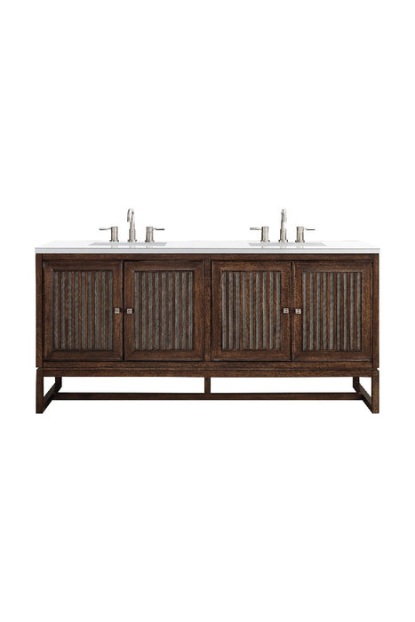 James Martin Furniture - Athens 72" Double Vanity Cabinet, Mid Century Acacia, w- 3 CM Classic White Quartz Top - E645-V72-MCA-3CLW - GreatFurnitureDeal