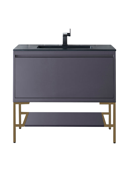 James Martin Furniture - Milan 35.4" Single Vanity Cabinet, Modern Grey Glossy, Radiant Gold w/Charcoal Black Composite Top - 801V35.4MGGRGDCHB - GreatFurnitureDeal