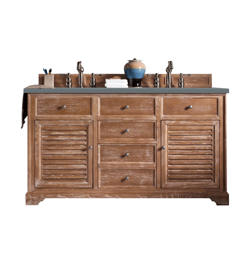 James Martin Furniture - Savannah 60" Double Vanity Cabinet, Driftwood, w/ 3 CM Ethereal Noctis Quartz Top - 238-104-5611-3ENC - GreatFurnitureDeal