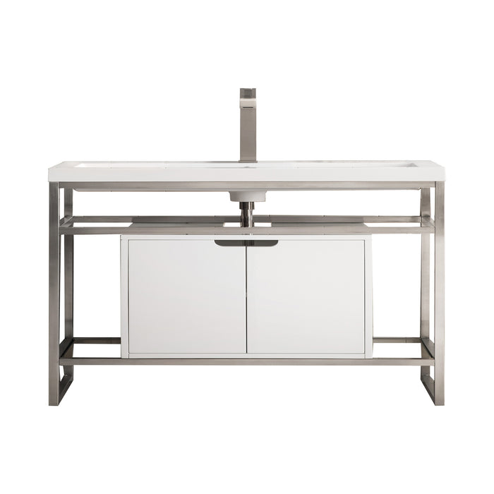 James Martin Furniture - Boston 39.5" Stainless Steel Sink Console, Brushed Nickel w/ Glossy White Storage Cabinet, White Glossy Composite Countertop - C105V39.5BNKSCGWWG - GreatFurnitureDeal