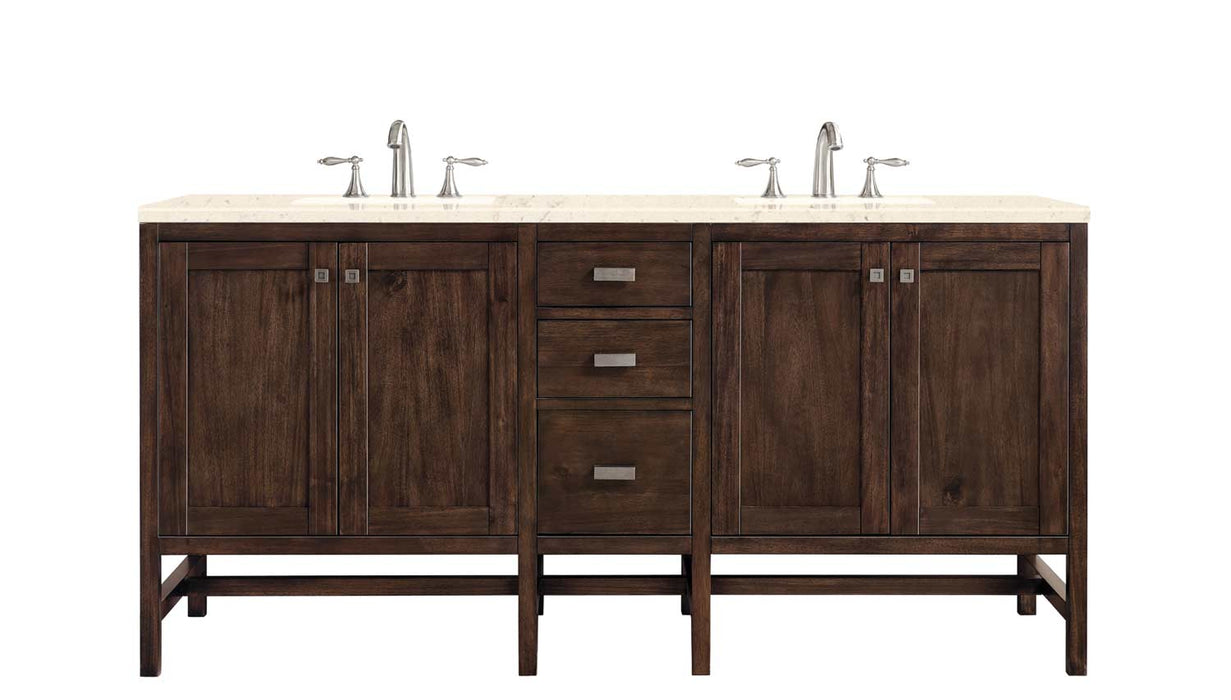 James Martin Furniture - Addison 72" Double Vanity Cabinet, Mid Century Acacia, w- 3 CM Eternal Marfil Quartz Top - E444-V72-MCA-3EMR - GreatFurnitureDeal