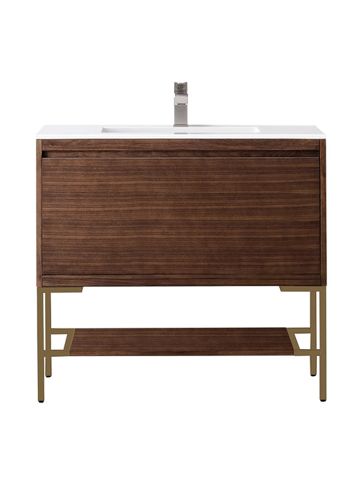 James Martin Furniture - Milan 35.4" Single Vanity Cabinet, Mid Century Walnut, Radiant Gold w/Glossy White Composite Top - 801V35.4WLTRGDGW - GreatFurnitureDeal
