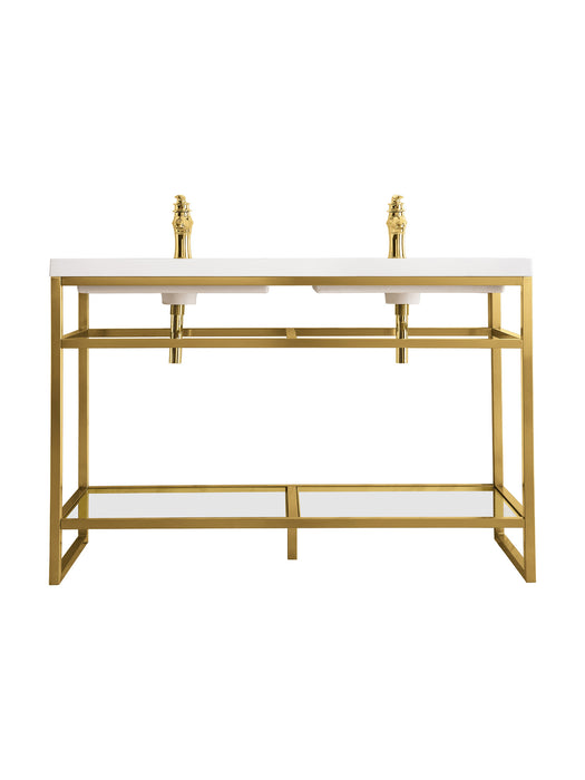 James Martin Furniture - Boston 47" Stainless Steel Sink Console (Double Basins), Radiant Gold w/ White Glossy Composite Countertop - C105V47RGDWG