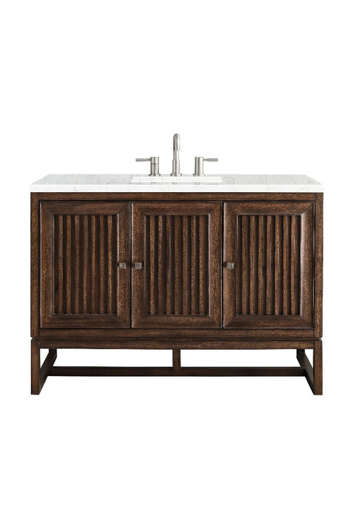 James Martin Furniture - Athens 48" Single Vanity Cabinet, Mid Century Acacia, w- 3 CM Eternal Jasmine Pearl Quartz Top - E645-V48-MCA-3EJP - GreatFurnitureDeal