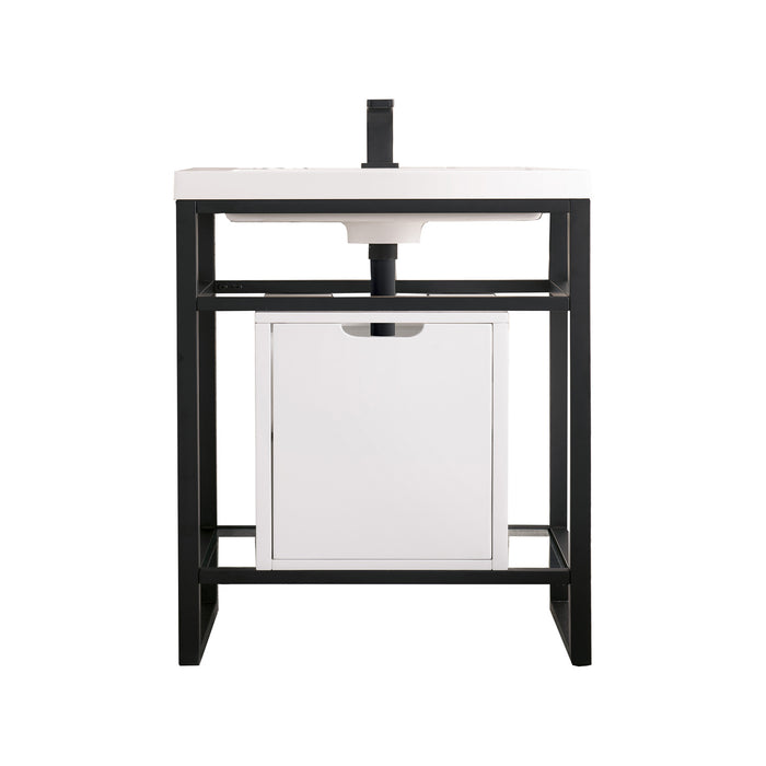 James Martin Furniture - Boston 20" Stainless Steel Sink Console, Matte Black w/ Glossy White Storage Cabinet, White Glossy Composite Countertop - C105V20MBKSCGWWG