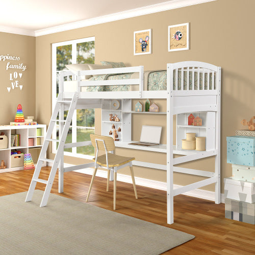 GFD Home - Twin size Loft Bed with Storage Shelves, Desk and Ladder, White - LP000140KAA