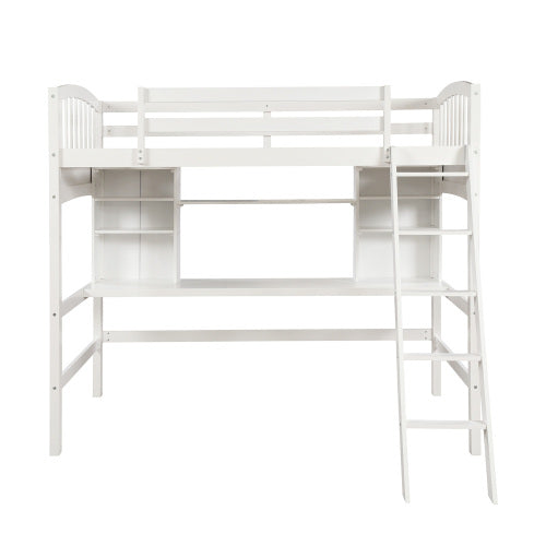 GFD Home - Twin size Loft Bed with Storage Shelves, Desk and Ladder, White - LP000140KAA