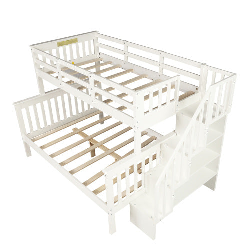 GFD Home - Twin-Over-Full Bunk Bed with Storage and Guard Rail for Bedroom, White - LP000019AAK