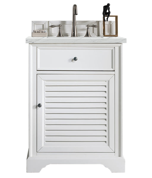 James Martin Furniture - Savannah 26" Single Vanity Cabinet, Bright White, w/ 3 CM Ethereal Noctis Quartz Top - 238-104-V26-BW-3ENC - GreatFurnitureDeal