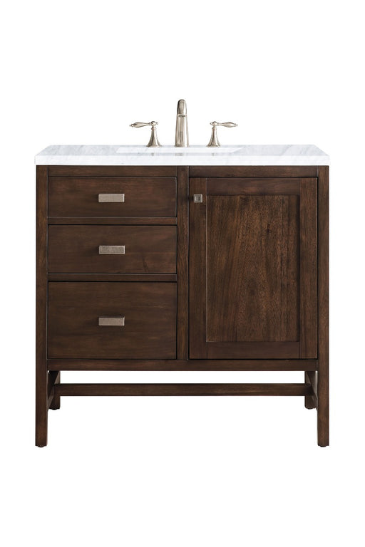 James Martin Furniture - Addison 36" Single Vanity Cabinet, Mid Century Acacia, w- 3 CM Carrara White Top - E444-V36-MCA-3CAR - GreatFurnitureDeal