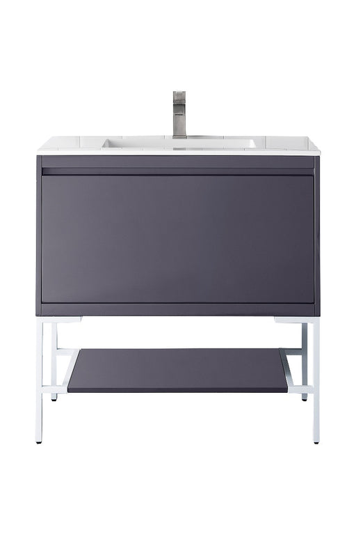 James Martin Furniture - Milan 35.4" Single Vanity Cabinet, Modern Grey Glossy, Glossy White w-Glossy White Composite Top - 801V35.4MGGGWGW - GreatFurnitureDeal