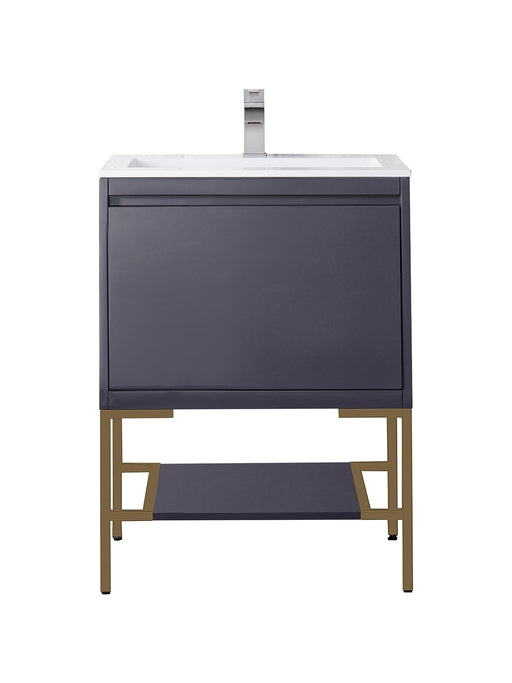 James Martin Furniture - Milan 23.6" Single Vanity Cabinet, Modern Grey Glossy, Radiant Gold w/Glossy White Composite Top - 801V23.6MGGRGDGW - GreatFurnitureDeal