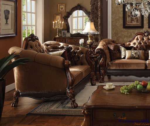 Acme Furniture - Dresden Loveseat w-5 Pillows, Golden Brown Velvet & Cherry Oak - 52096 - GreatFurnitureDeal