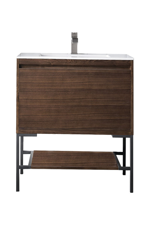 James Martin Furniture - Milan 31.5" Single Vanity Cabinet, Mid Century Walnut, Matte Black w-Glossy White Composite Top - 801V31.5WLTMBKGW - GreatFurnitureDeal