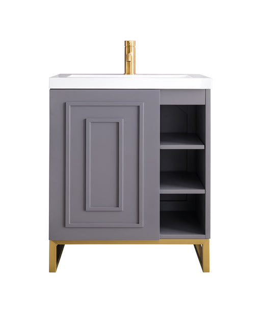 James Martin Furniture - Alicante' 24" Single Vanity Cabinet, Grey Smoke, Radiant Gold w/White Glossy Composite Countertop - E110V24GSMRGDWG - GreatFurnitureDeal