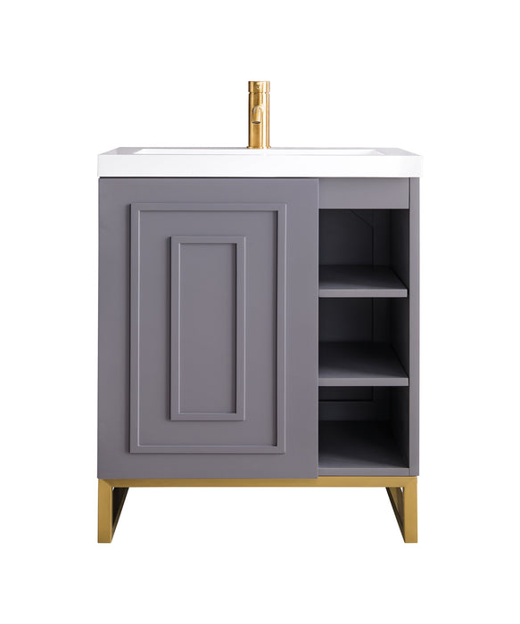 James Martin Furniture - Alicante' 24" Single Vanity Cabinet, Grey Smoke, Radiant Gold w/White Glossy Composite Countertop - E110V24GSMRGDWG