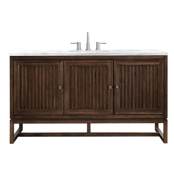 James Martin Furniture - Athens 60" Single Vanity Cabinet , Mid Century Acacia, w- 3 CM Arctic Fall Solid Surface Countertop - E645-V60S-MCA-3AF - GreatFurnitureDeal