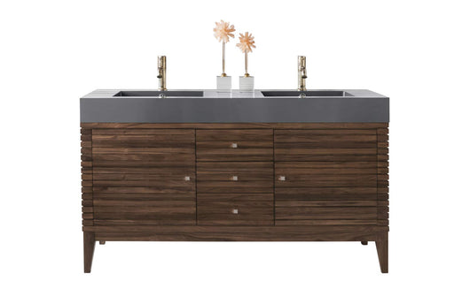 James Martin Furniture - Linear 59" Double Vanity, Mid Century Walnut w- Dusk Grey Glossy Composite Top - 210-V59D-WLT-DGG - GreatFurnitureDeal