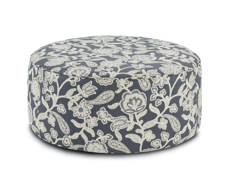Southern Home Furnishings - 39" Round Ottoman in Sophie Indigo Blue Floral Fabric - 140 Sophie Indigo - GreatFurnitureDeal