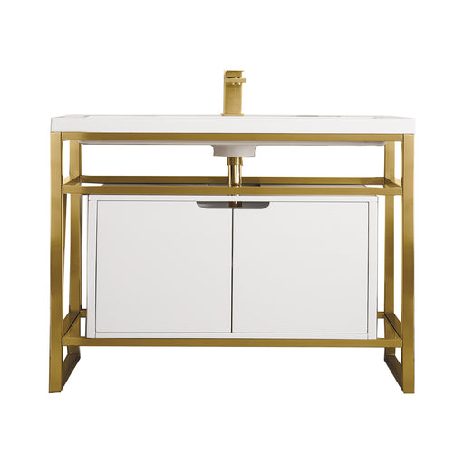 James Martin Furniture - Boston 31.5" Stainless Steel Sink Console, Radiant Gold w/ Glossy White Storage Cabinet, White Glossy Composite Countertop - C105V31.5RGDSCGWWG - GreatFurnitureDeal