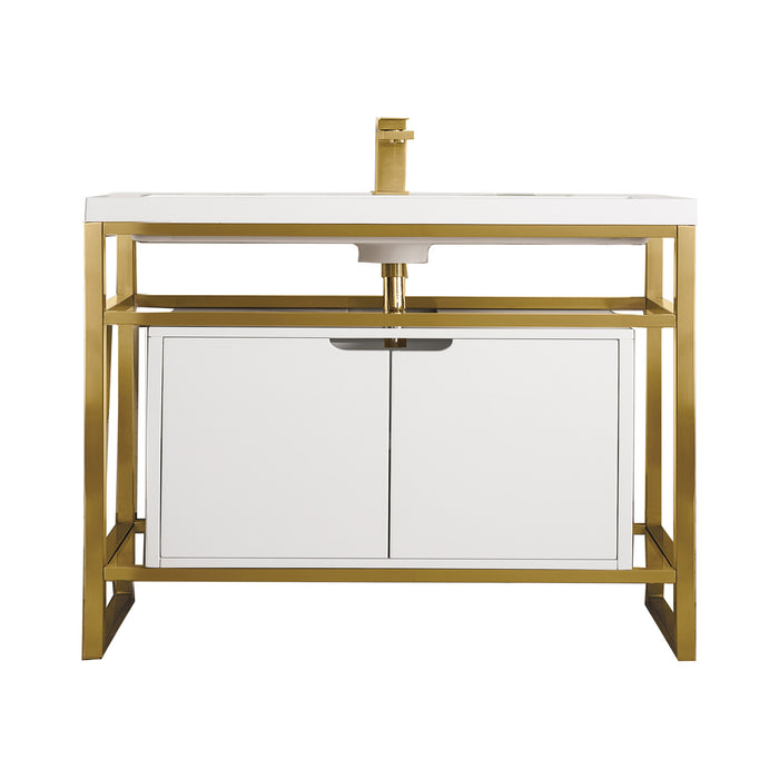 James Martin Furniture - Boston 31.5" Stainless Steel Sink Console, Radiant Gold w/ Glossy White Storage Cabinet, White Glossy Composite Countertop - C105V31.5RGDSCGWWG