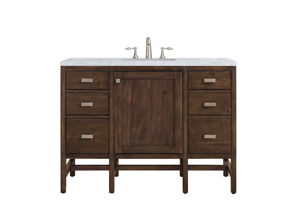 James Martin Furniture - Addison 48" Single Vanity Cabinet, Mid Century Acacia, w- 3 CM Carrara White Top - E444-V48-MCA-3CAR - GreatFurnitureDeal