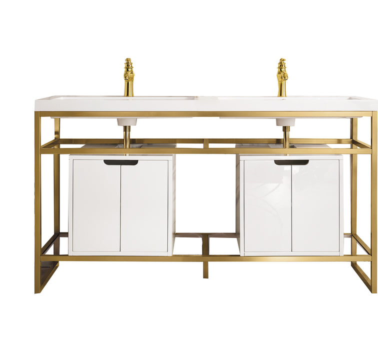James Martin Furniture - Boston 63" Stainless Steel Sink Console (Double Basins), Radiant Gold w/ Glossy White Storage Cabinet, White Glossy Composite Countertop - C105V63RGDSCGWWG - GreatFurnitureDeal