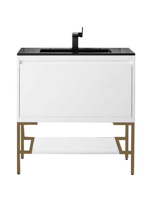 James Martin Furniture - Milan 31.5" Single Vanity Cabinet, Glossy White, Radiant Gold w/Charcoal Black Composite Top - 801V31.5GWRGDCHB - GreatFurnitureDeal