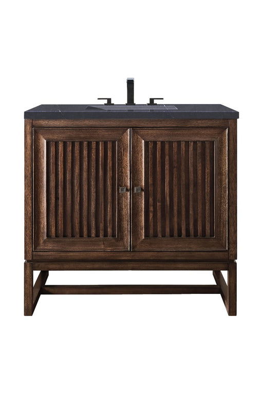 James Martin Furniture - Athens 36" Single Vanity Cabinet, Mid Century Acacia, w- 3 CM Charcoal Soapstone Quartz Top - E645-V36-MCA-3CSP - GreatFurnitureDeal