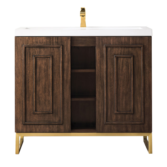 James Martin Furniture - Alicante' 39.5" Single Vanity Cabinet, Mid Century Acacia, Radiant Gold w/White Glossy Composite Countertop - E110V39.5MCARGDWG - GreatFurnitureDeal